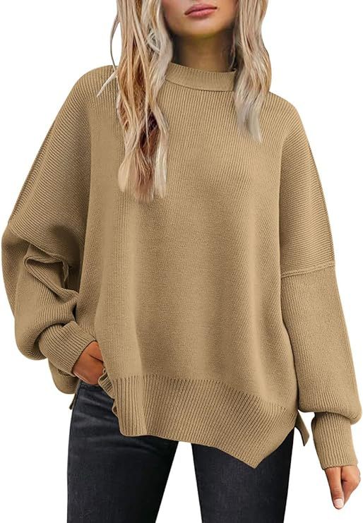 Women's Oversized Batwing Sweaters 2024 Fall Outfits Crewneck Ribbed Knit Side Slit Trendy Pullover Tops