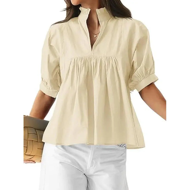 Cicy Bell Womens V Neck Puff Sleeve Blouse Babydoll Peplum Tops Dressy Casual Pleated Loose Fit Shirts - Seldom Seen Styles