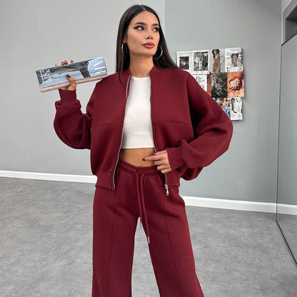 Women's Solid Zip Up Crop Jacket & Drawstring Waist Pants Two-piece Set, Casual Fashion Drop Shoulder Long Sleeve Top & High Waist Trousers Womenswear Suits for Outdoor Wear, Women's Clothing for Spring & Fall 90s Clothes