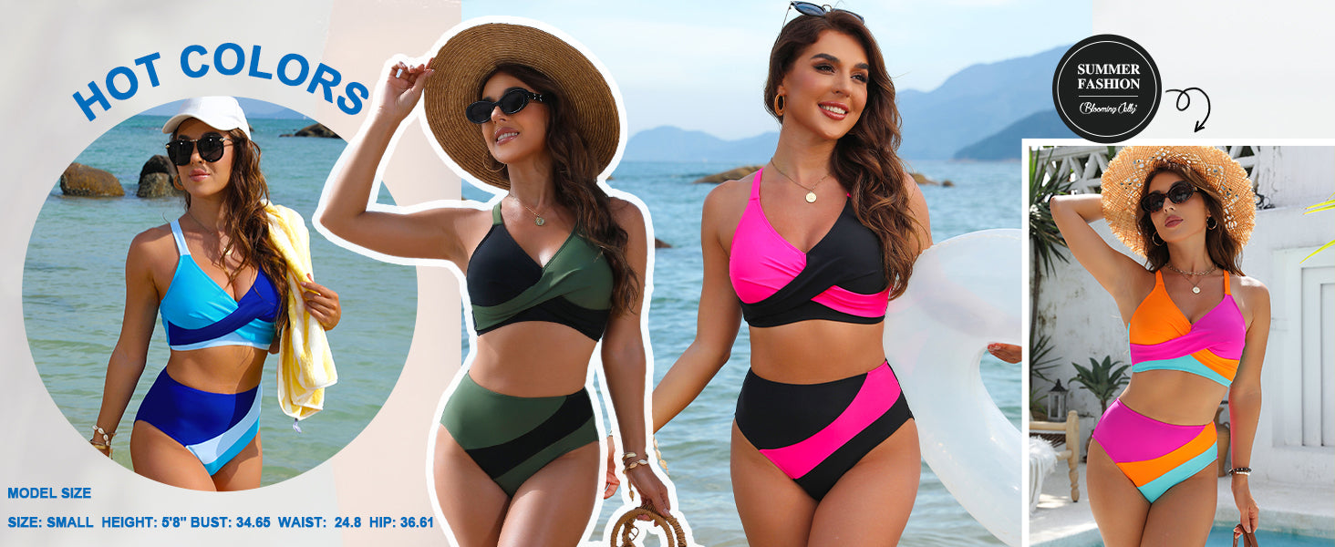 Womens High Waisted Bikini Sets Criss Cross Two Piece Swimsuits Color Block Full Coverage Bathing Suits - Seldom Seen Styles