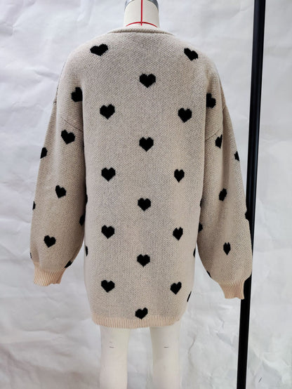 Long Heart Jacquard Sweater  Cardigan Fashion All-Match Casual Sweater Coat for Women