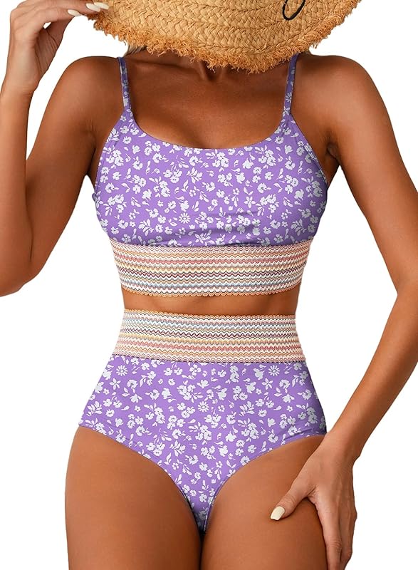 Women's Bikini Sets Colorblock Trim 2 Piece High Waisted Swimsuit Scoop Neck Adjustable Spaghetti Straps Bathing Suit - Seldom Seen Styles