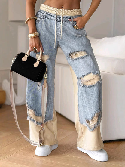 Light Blue Ripped Jeans for Women – Straight Fit & Baggy Style, Trendy Ripped Denim Pants