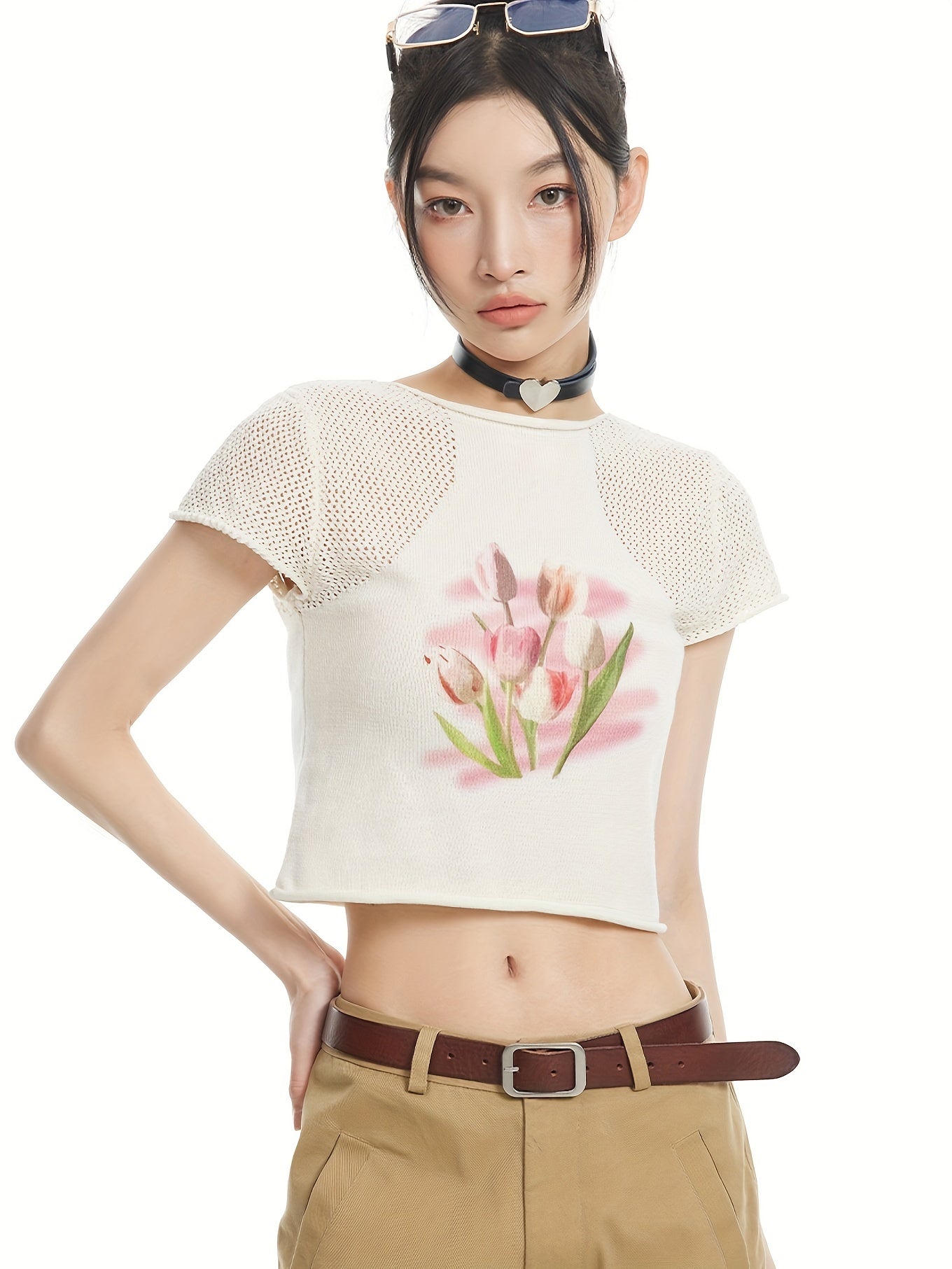 Floral Pattern Hollow Out Sweater, Casual Long Sleeve Or Short Sleeve Crop Knit Top For Spring & Summer, Women's Clothing