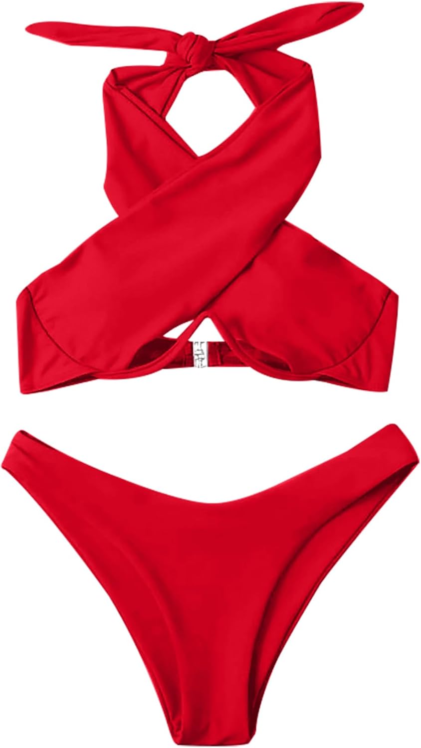 Cute Underwire Cutout Halter Bikini Swimsuit Set Women Criss Cross Bathing Suit 2 Piece - Seldom Seen Styles