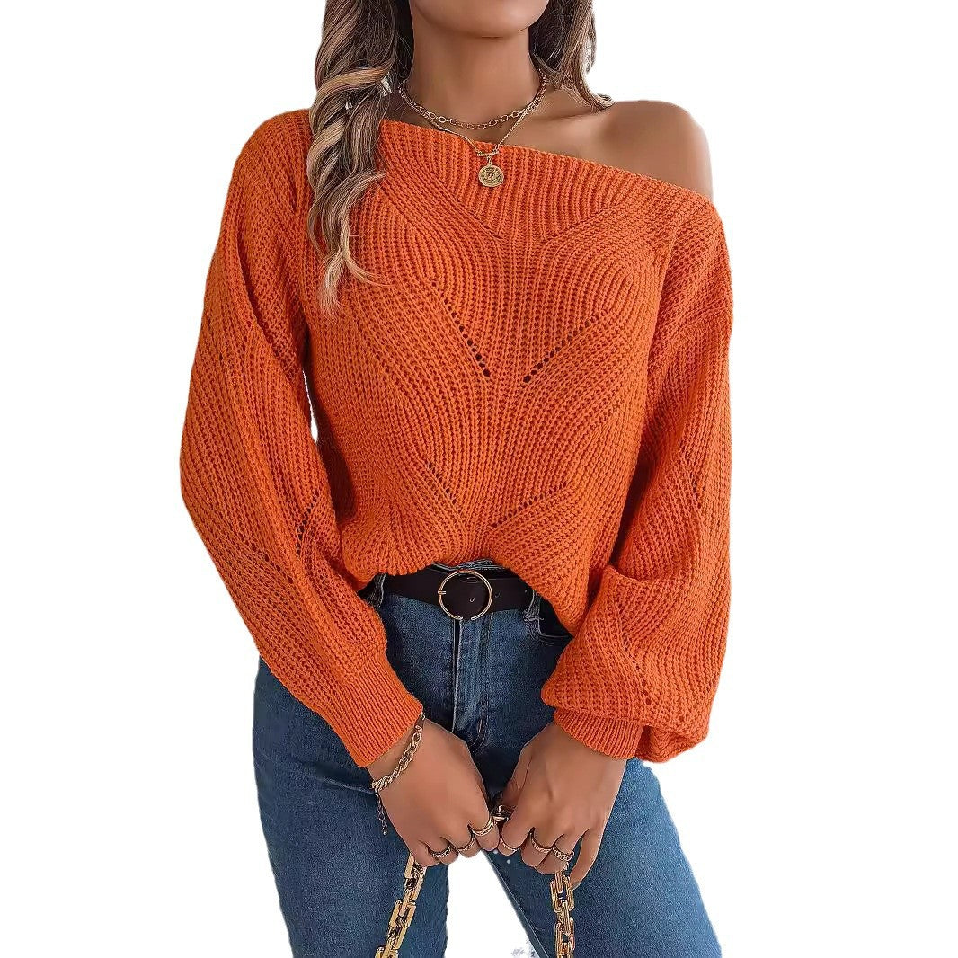 Real Shot2024Autumn and Winter Leisure Hollow-out off-Neck off-the-Shoulder Lantern Sleeve Sweater Independent Site Cross-Border European and American Women's Clothing