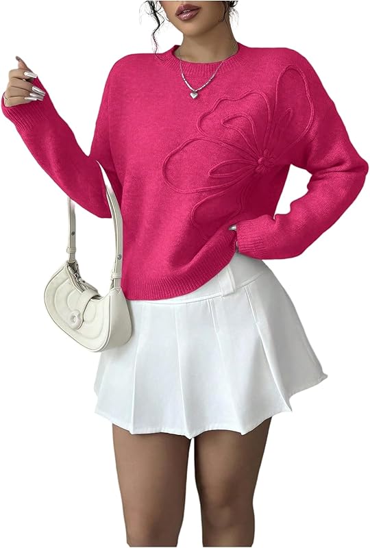 Women's 3D Floral Appliques Crewneck Sweaters Long Sleeve Drop Shoulder Pullovers Elegant Knit Tops - Seldom Seen Styles