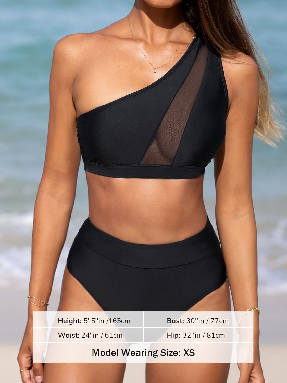 Bikini Set for Women Two Piece Swimsuits High Waisted One Shoulder Top Wide Straps Mesh - Seldom Seen Styles