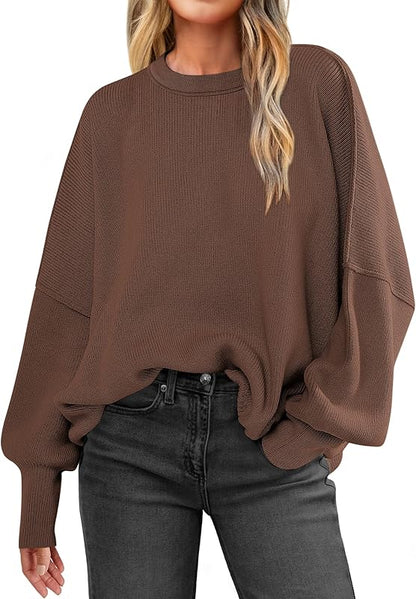 ANRABESS Women Crewneck Batwing Long Sleeve 2024 Fall Oversized Side Slit Ribbed Knit Pullover Sweaters Top Cozy Outfits