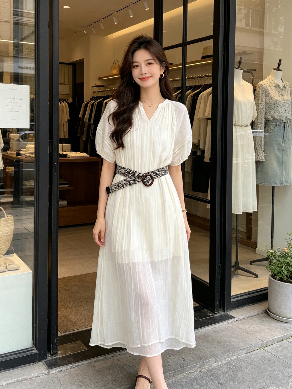 V-Neck Puff Sleeve Loose Flowy Maxi Dress with Woven Belt Included Crinkle Texture Elegant Casual Summer Dress White Dark Grey - Seldom Seen Styles