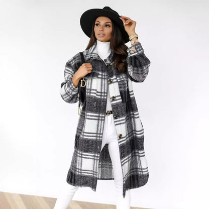 Women's Casual  Blend Long Plaid Shirt Jacket Button Down Pocketed Shirt Shacket