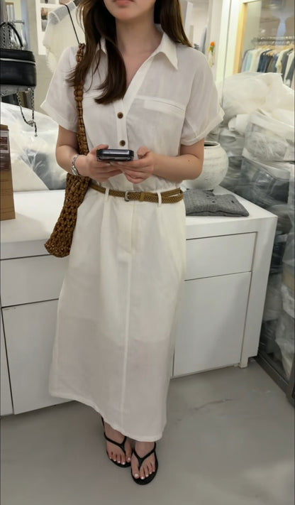 French Style Collared Short Sleeve Shirt Dress A-Line Midi Dress with Woven Belt Included White Black Khaki