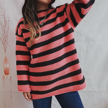 Europe and America Cross Border Amazon Autumn Winter Coat Loose off Shoulder Striped Long-Sleeved Knitted Pullover Casual Sweater for Women