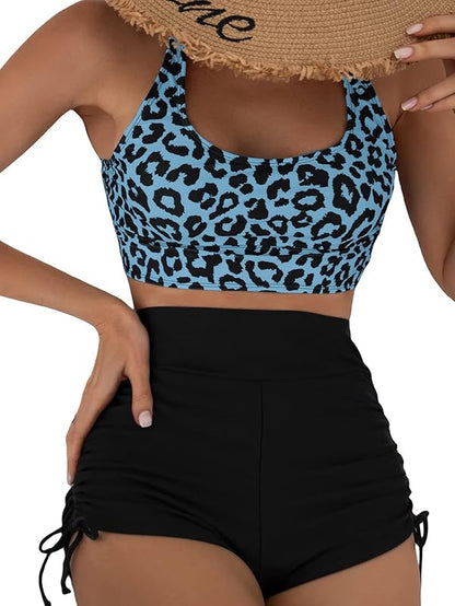 Women's 2 Piece Bathing Suits Leopard Scoop Neck Drawstring High Waisted Bikini Shorts Swimsuit - Seldom Seen Styles