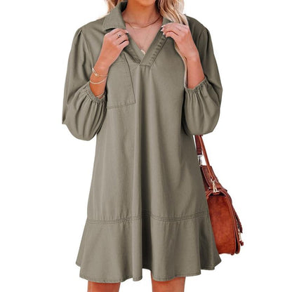 Denim Dress for Women Fashion Fall Casual Babydoll 2025 V Neck 3/4 Puff Sleeve Jean Dresses - Seldom Seen Styles
