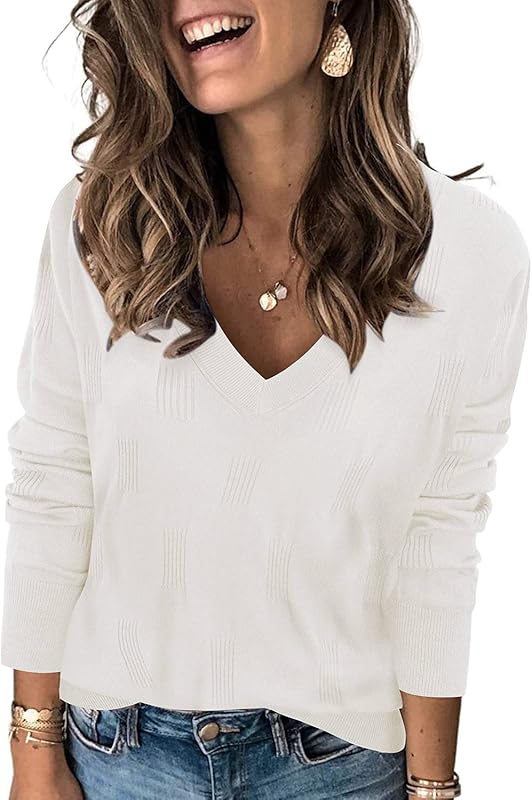 Womens Fall Tops 2024 Fashion V Neck Long Sleeve Shirts Blouse Knit Casual Pullover Sweater Cozy Clouds XS-3XL