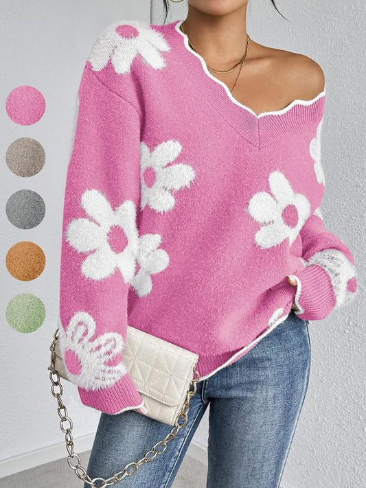 Women's Floral Pattern Scallop Trim Drop Shoulder Sweater, Casual Long Sleeve V Neck Jumper for Fall & Winter, Fashion Ladies' Knitwear for Daily Wear - Seldom Seen Styles