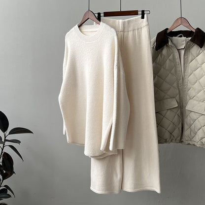 【Plus Size】 Two-Piece Set Solid Mock Neck Drop Shoulder Split Hem Sweater & Straight Leg Pants