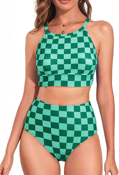 Women's Bikini Sets High Neck Tropical Leaf Print High Waisted Two Pieces Swimsuits Bathing Suits - Seldom Seen Styles