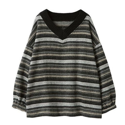 Collar  Pullover Loose  Sweater for Women Female Student Korean Style Autumn and Winter New Striped Contrast