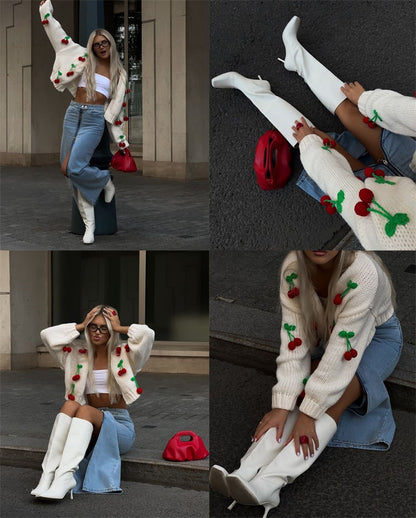 Cherry Ornaments Knitted Cardigan Europe and America Cross Border Long Sleeve Knitwear Casual 2024 Autumn and Winter Sweater Cardigan Coat