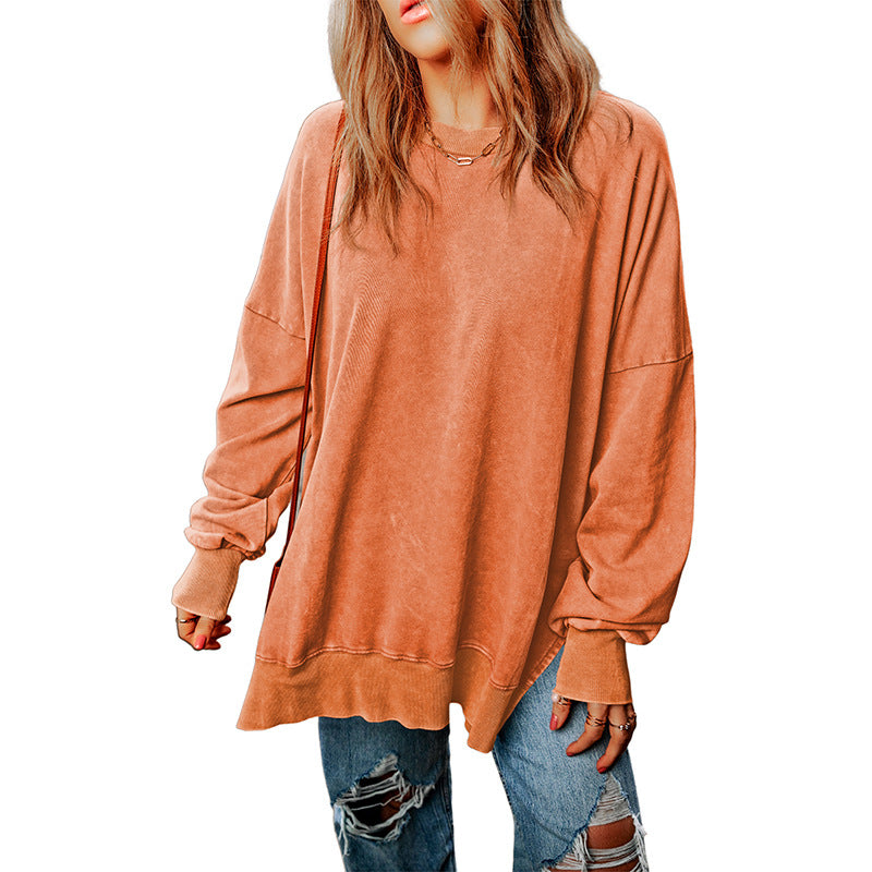 Autumn New Pure Color round-Neck Pullover Women's European and American Leisure Style All-Match Super Long Flab Hiding Long-Sleeved Top for Women