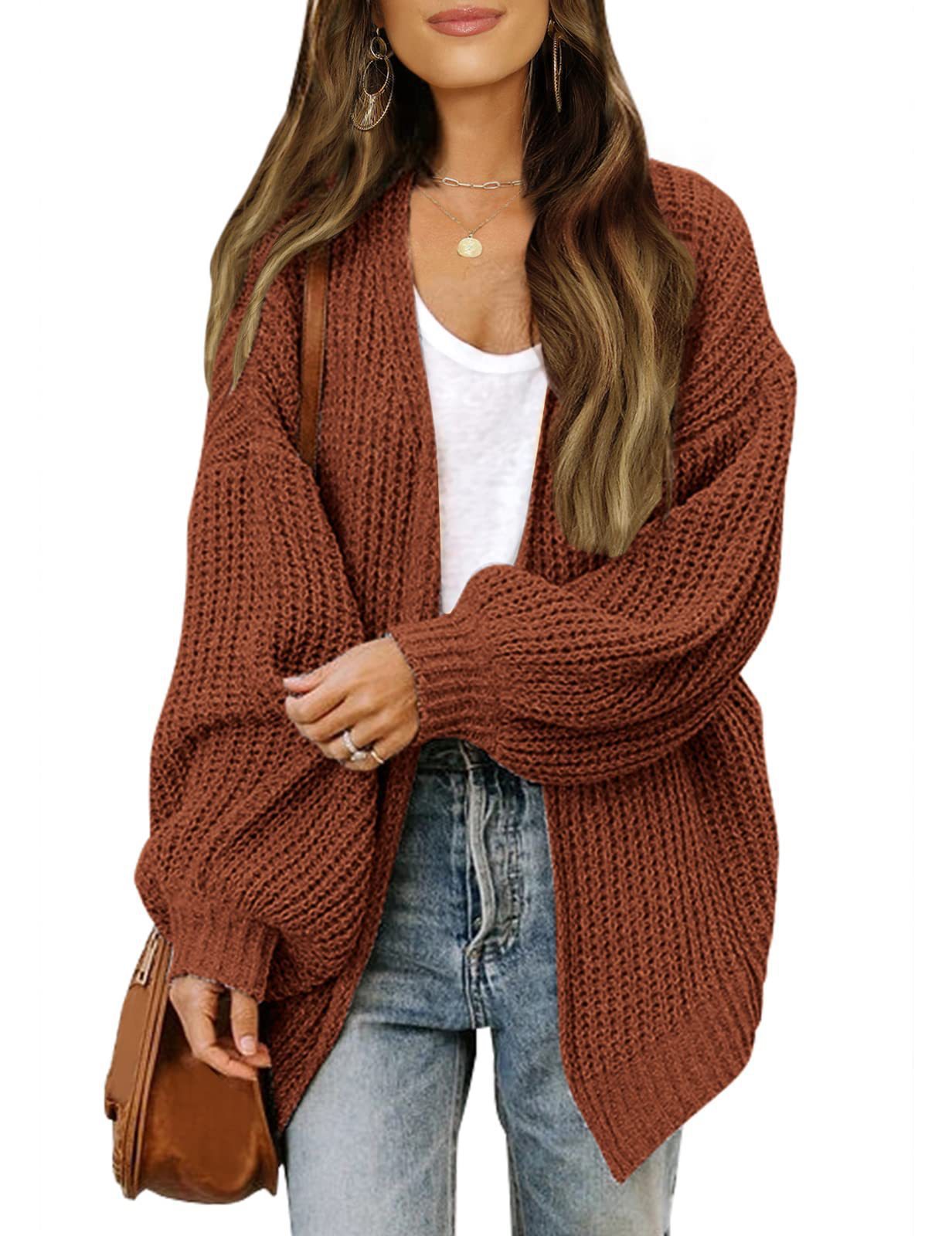 Amazon Foreign Trade Women's Clothing2023Autumn and Winter New Lantern Sleeve Sweater Women's Coat Coarse Yarn Pocket Knitted Cardigan