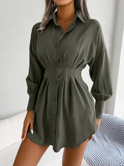 Women's Button Down Shirt Dress, Long Sleeve, Pleated Waist, Multiple Color Options Available