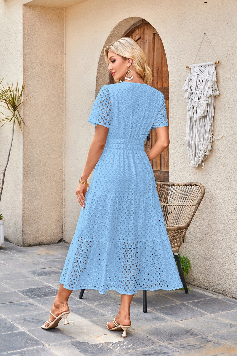 Womens 2025 Summer Maxi Dress Short Sleeve V Neck Hollow Out Eyelet A Line Long Flowy Beach Vacation Dresses