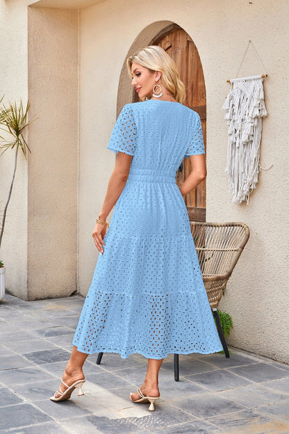 Womens 2025 Summer Maxi Dress Short Sleeve V Neck Hollow Out Eyelet A Line Long Flowy Beach Vacation Dresses