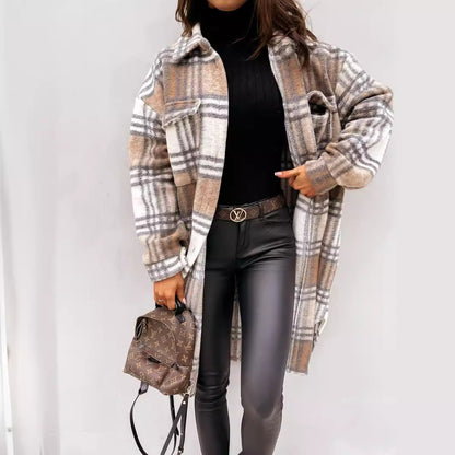 European and american hot2023ebay Amazon Winter New Women's Clothing Fashion Plaid Single-Breasted Coarse Wool Coat