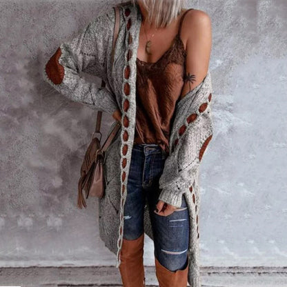 Autumn  Winter  Casual Patchwork Hooded Color Matching Sweater  Long Cardigan Sweater Coat for Women