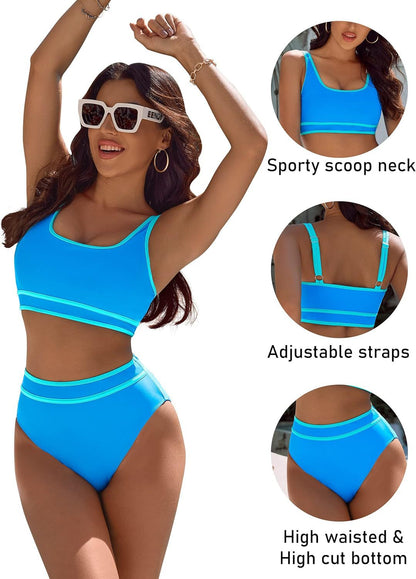 Women's High Waisted Bikini Sets Sporty Two Piece Swimsuits Color Block Cheeky High Cut Bathing Suits - Seldom Seen Styles