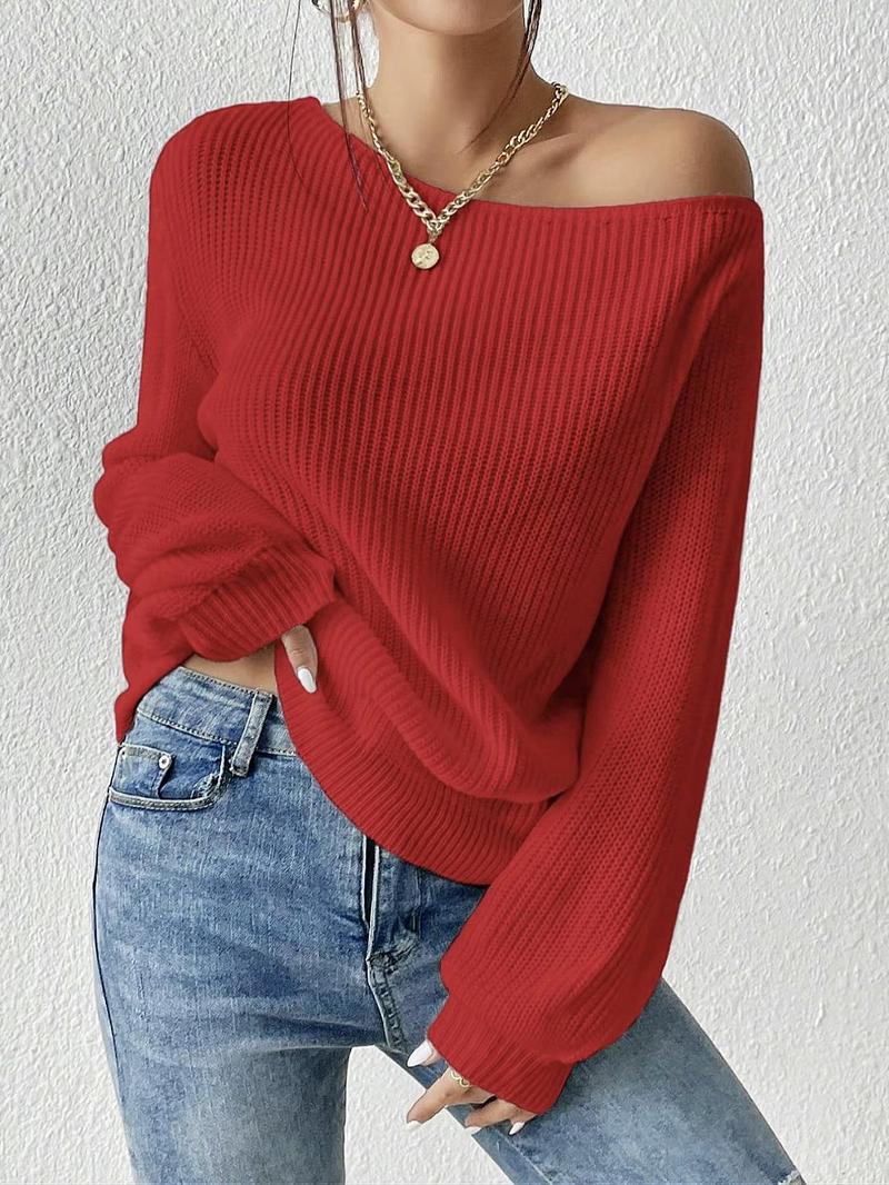 Women's Minimalist Solid Drop Shoulder Asymmetrical Neck Knit Top