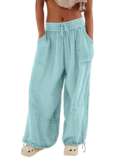 Damen Casual Loose Fit Weite Beinhose Baumwolle Hose Kordelzug Nähte Baggy Pants Hose mit Taschen