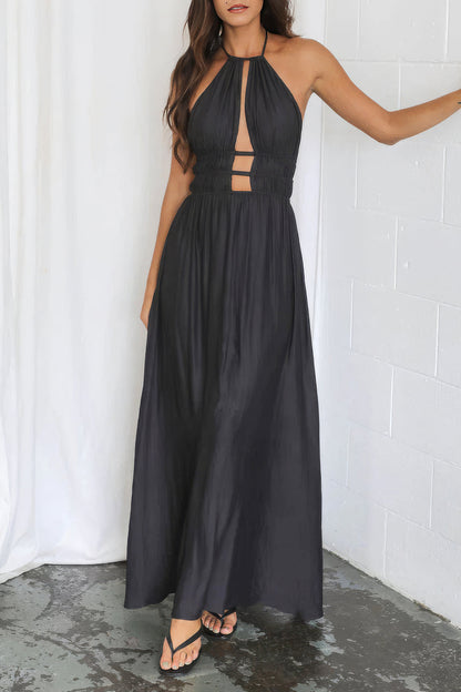 Women's Halter Neck Cut Out Sleeveless Maxi Dress Fitted Bodycon Rayon Blend Party Dress for Wedding Guest Date Night Summer Vacation