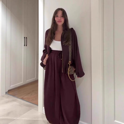 Women's 2 Piece Outfits Oversized Fleece Sweatsuit Zip Up Long Sleeve Sweatshirt with Wide Leg Sweatpants