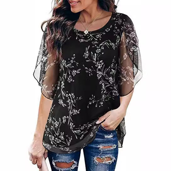 Women's Tops 3/4 Sleeve Blouses Dressy Casual Double Layers Mesh Tunic Shirts