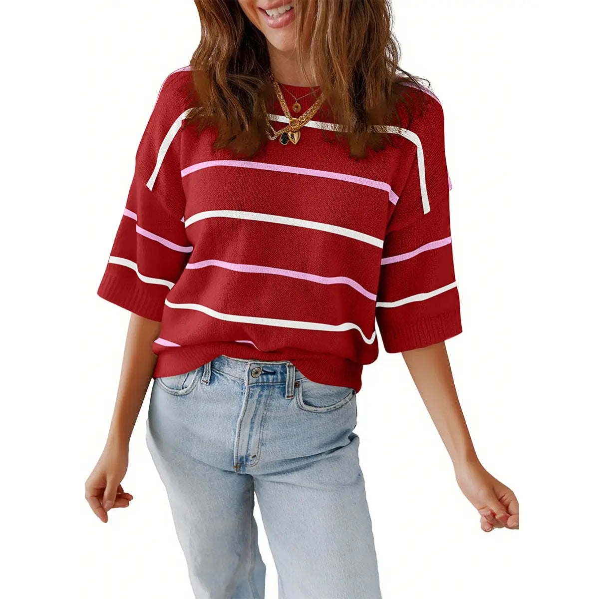 Shewin 2026 SummerVibes Women's Shortsleeve Round Neck Striped Pullover - Soft Breathable Polyester Sweatshirt, Chic Casual Fit, Ladies' Clothing for Daily Wear - Seldom Seen Styles