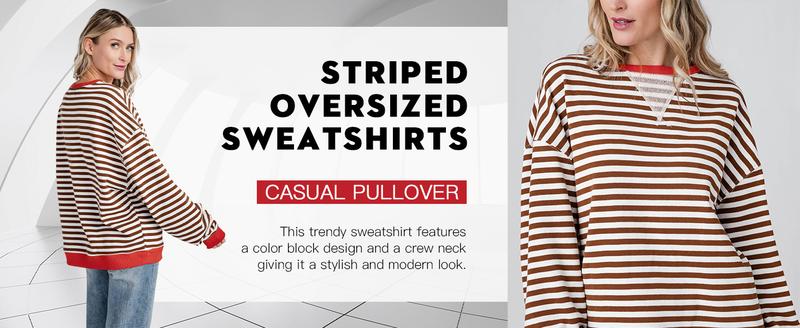 【Up To 3XL】Fisace Christmas Womenswear Striped Oversized Sweatshirt Color Block Crew Neck Long Sleeve Shirt Casual Loose Pullover Top Y2K Clothes back to school - Seldom Seen Styles