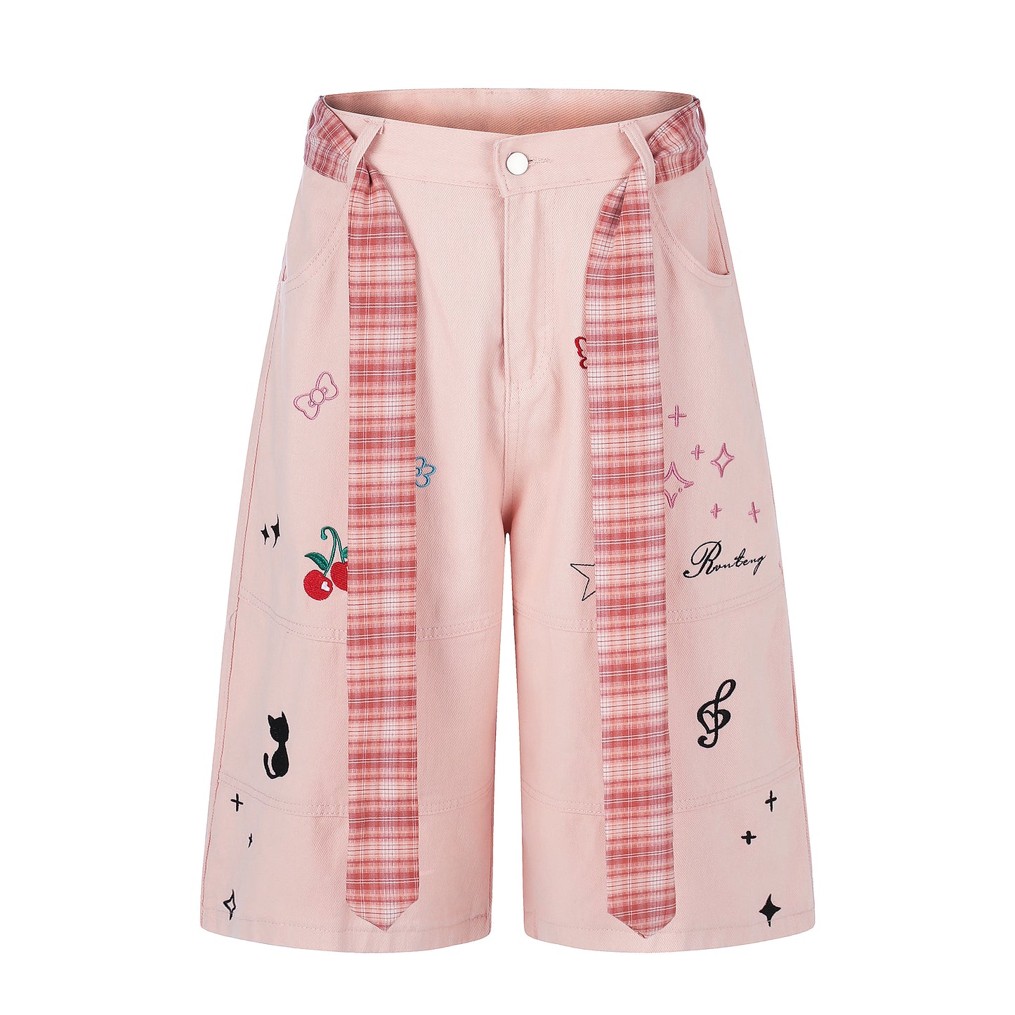 Women's Cute Embroidery Plaid Tie Wide Leg Denim Shorts High Waist Cherry Cat Bow Casual Sweet Streetwear Jean Shorts