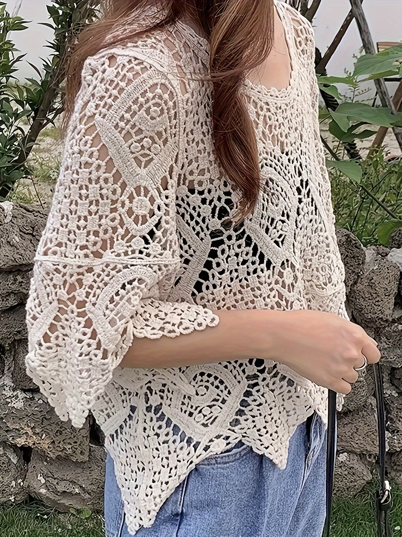 Crochet Asymmetrical Hem Knitted Top, Casual Beach Wear Half Sleeve Summer Top, Women's Clothing