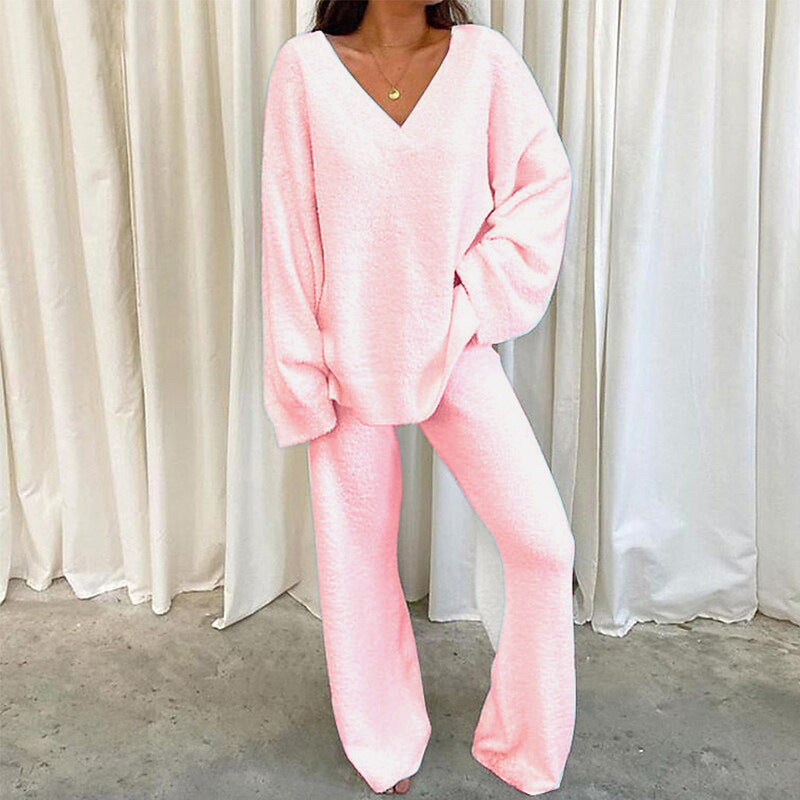Women's Casual 2-Piece Lounge Set Soft Chunky V Neck Tops Wide Leg Long Pants Basic Tracksuit Lounge Wear Minimalist Womenswear - Seldom Seen Styles