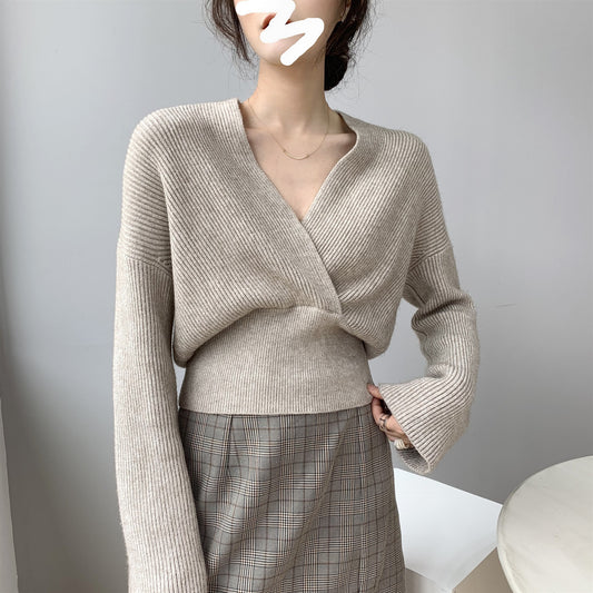 Jiapin Wool/Early Autumn New Women's Clothing Idle StyleVCollar Cross Slim Fit Sweater Small PulloverB8031