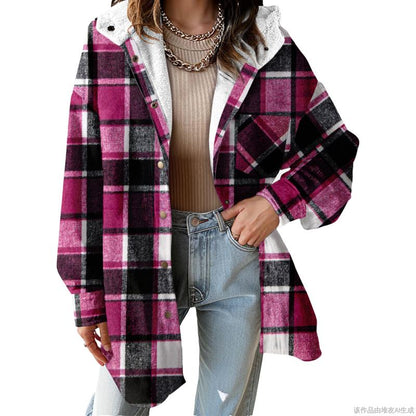 Women's Flannel Hooded Plaid Fuzzy Fleece Jacket