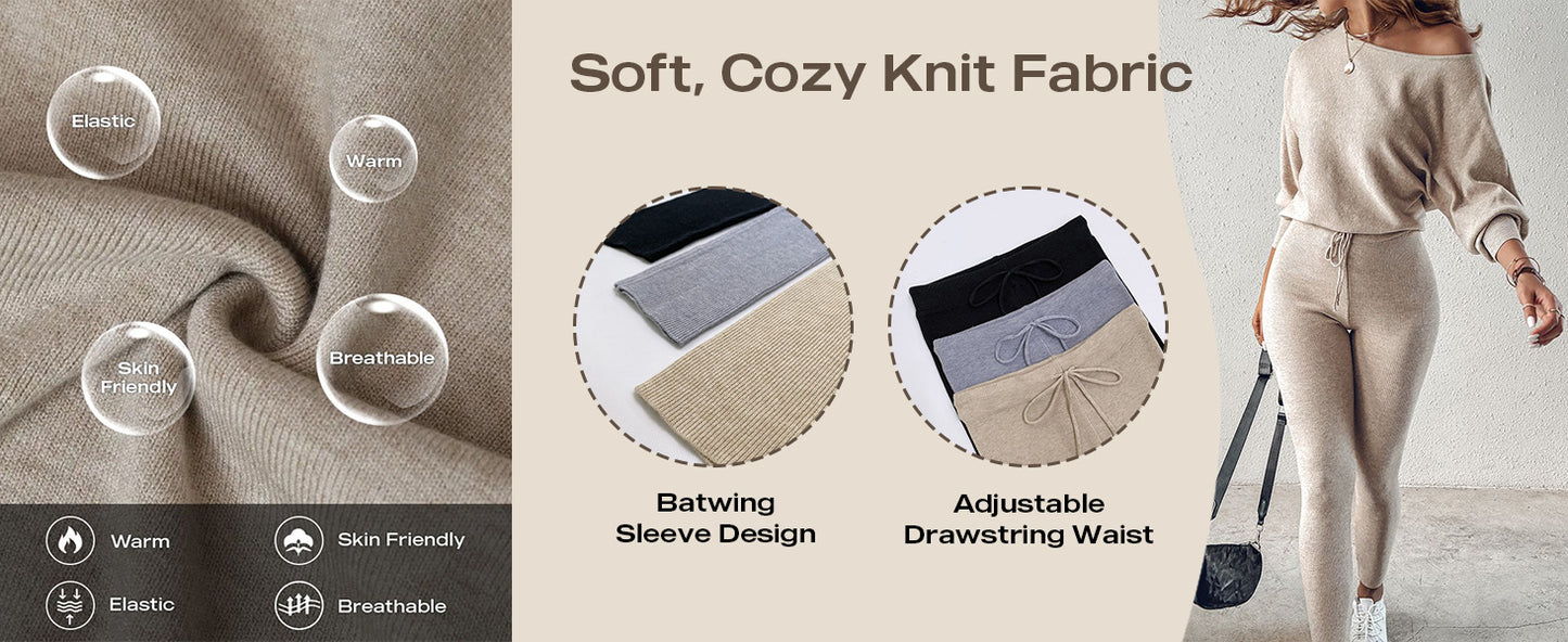 2 Piece Lounge Outfit 2025 Long Sleeve Knit Pullover Tops Drawstring Pants Set Tracksuit Sweatsuit - Seldom Seen Styles