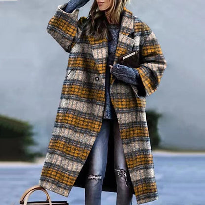 New Arrival  Autumn Foreign Women's Clothing  Long Sleeve Turn-down Collar Coat Printed Woolen Long-Cut Coat