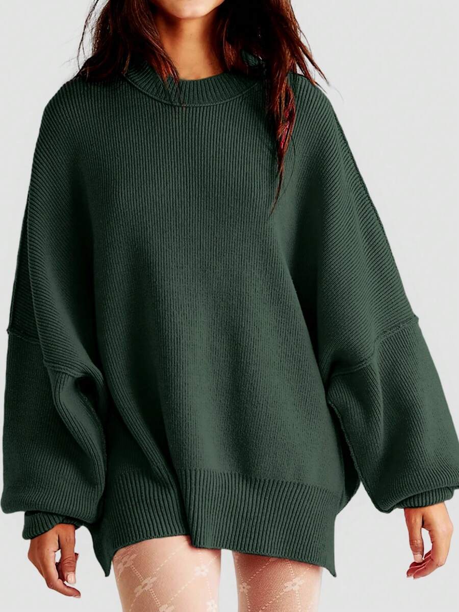 Women's Oversized Batwing Sweaters 2024 Fall Outfits Crewneck Ribbed Knit Side Slit Trendy Pullover Tops