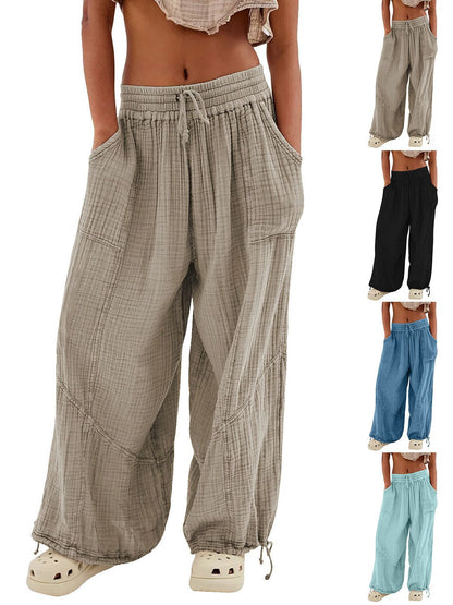 Damen Casual Loose Fit Weite Beinhose Baumwolle Hose Kordelzug Nähte Baggy Pants Hose mit Taschen