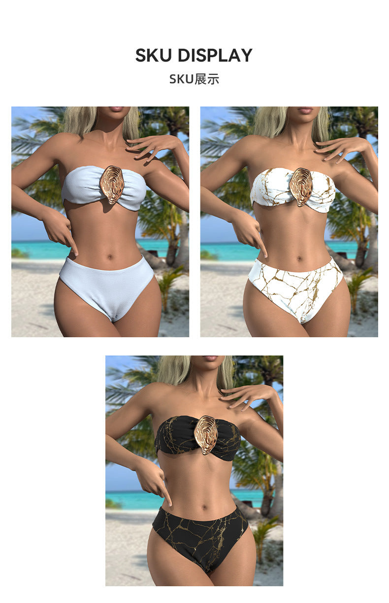 french bikini metallic swimsuit 3D Decorated Swimsuit Shell Pattern Bikini Set  strapless Two-Piece Swimsuit - Seldom Seen Styles